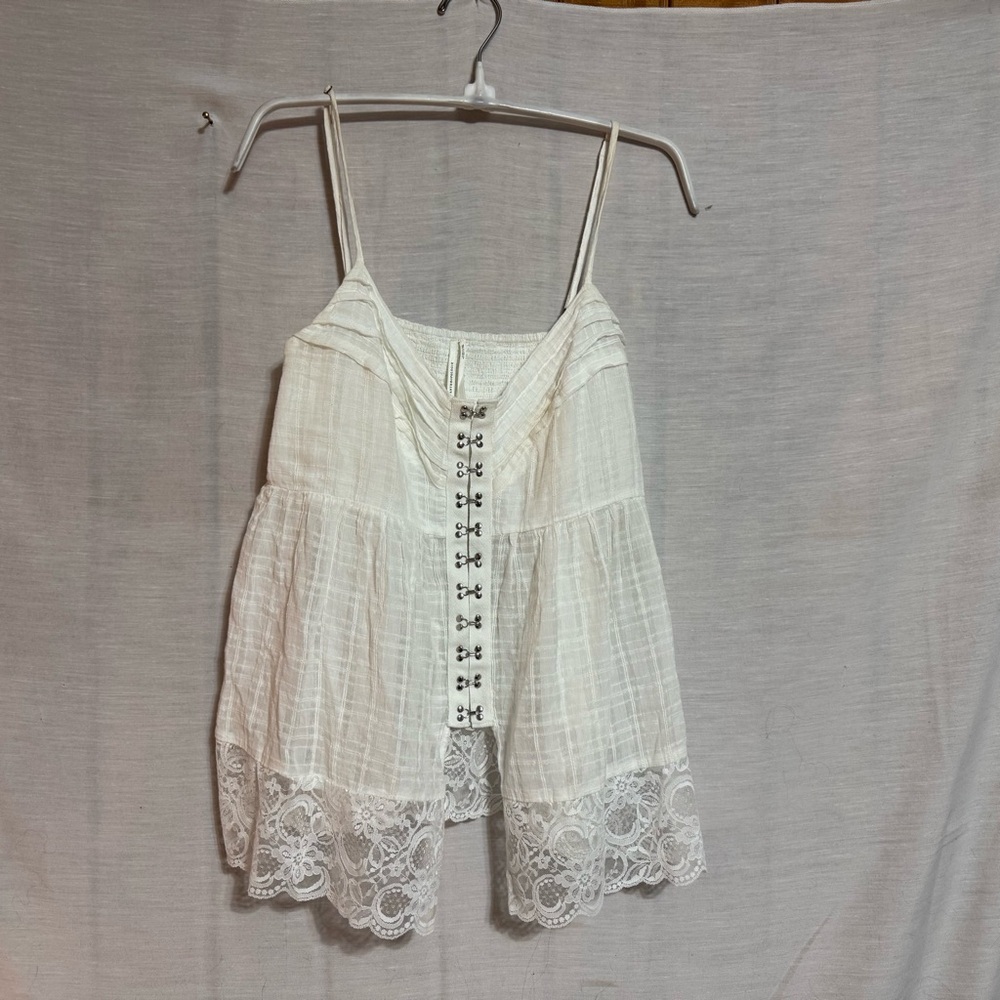 Anthropologie White Lace Trim Boho Cami Hook Eye Tank Size L